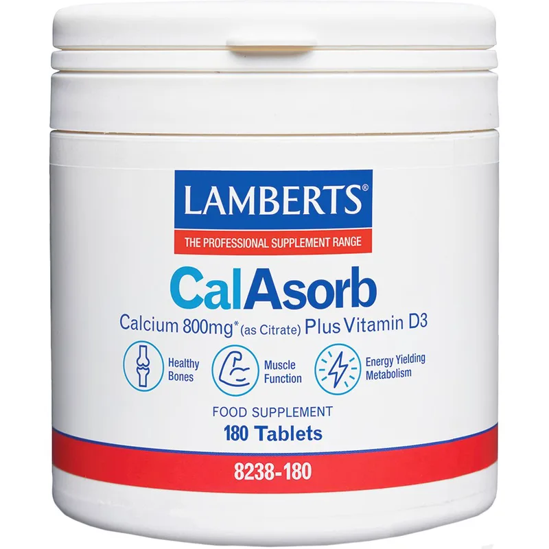Lamberts CalAsorb Calcium 800mg & Vitamin D3 6μg Συμπλήρωμα Διατροφής Ασβεστίου σε Κιτρική Μορφή με Βιταμίνη D3 για Μέγιστη Απορρόφηση για την Καλή Υγειά των Οστών 180tabs