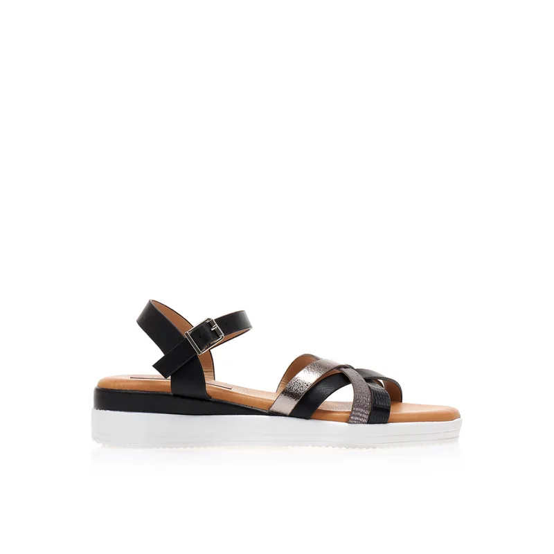 Flatforms μαύρα δερματίνη με ανθρακί χιαστί λουράκια ΜΑΥΡΟ