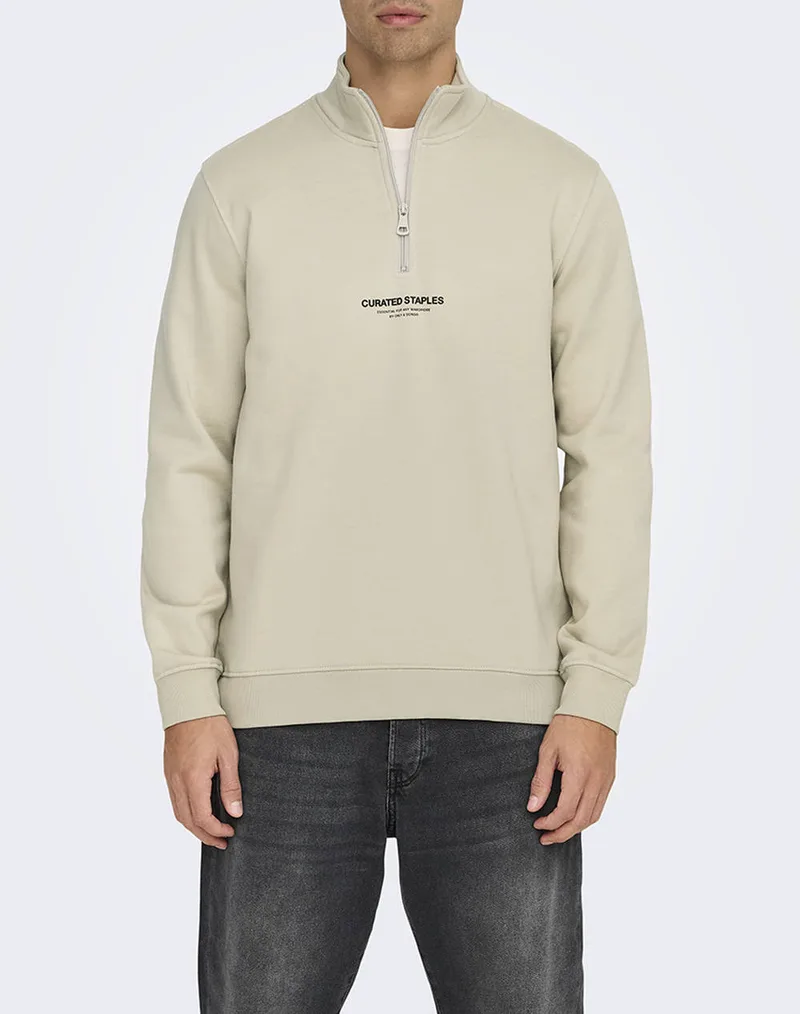 ONLY&SONS ONSCURATED REG HALF ZIP SWEAT NOOS 22030922-Silver Lining Biege