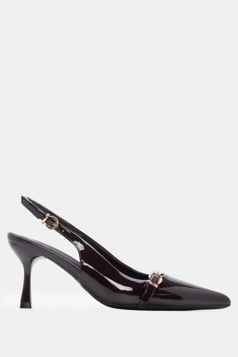 Γόβες Μυτερές Slingback με Τόκες - Καφέ Σκούρο