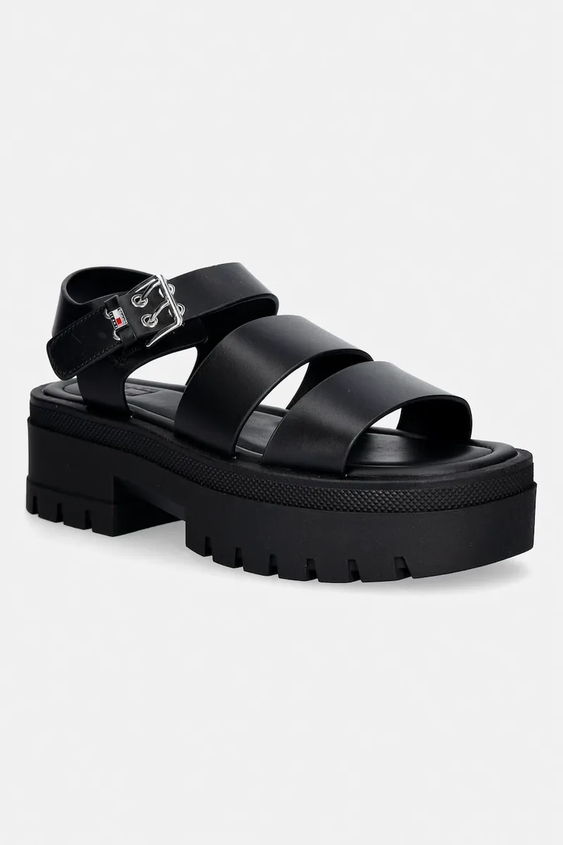Tommy Jeans σανδάλια γυναικεία δερμάτινα TJW STRAPS LEATHER MAX SANDAL