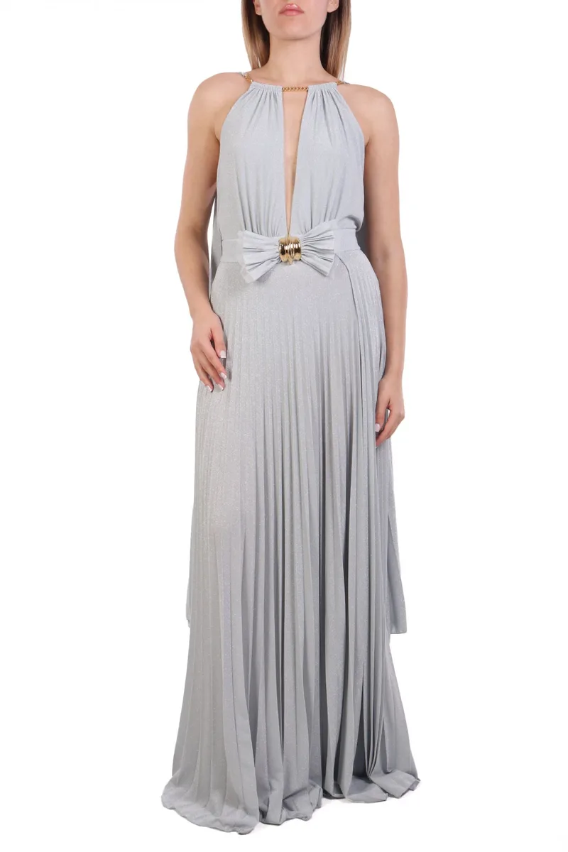 ELISABETTA FRANCHI ΦΟΡΕΜΑ MAXI RED CARPET ΠΛΙΣΕ ΑΝΟΙΓΜΑΤΑ ΠΛΑΙ LUREX ΣΙΕΛ