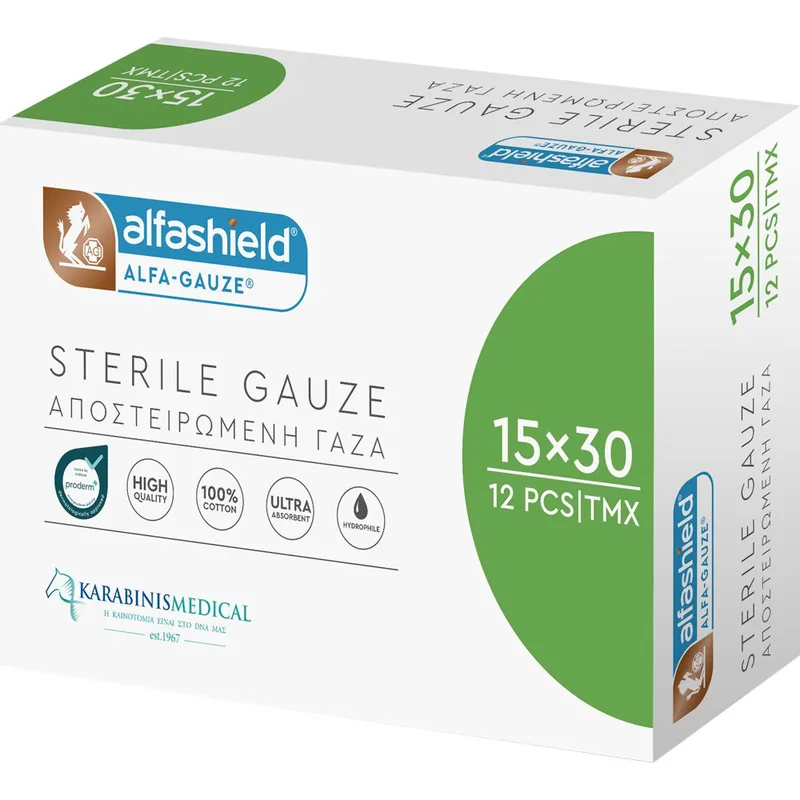 Alfashield Alfa Gauze Sterile 15x30cm Αποστειρωμένες Γάζες Υψηλής Ποιότητας από Βαμβάκι 12 Τεμάχια
