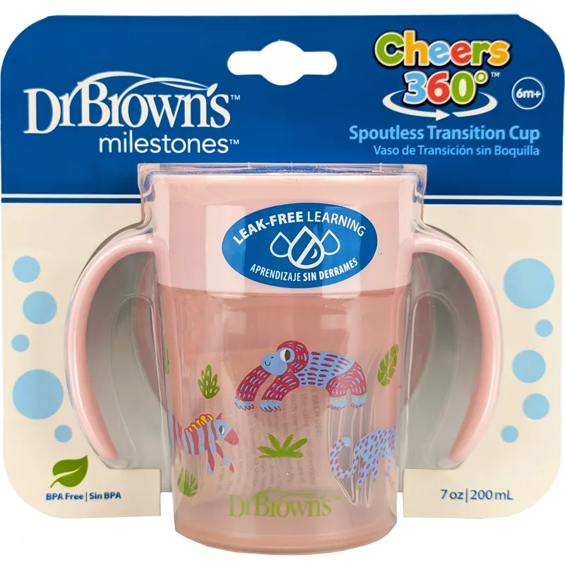 Dr Brown's Milestones Cheers 360 Spoutless Transition Cup Κύπελλο Εκπαίδευσης με Λαβές & Σύστημα Κατά των Διαρροών 6m+, 200ml, Κωδ TC71006 - Ροζ
