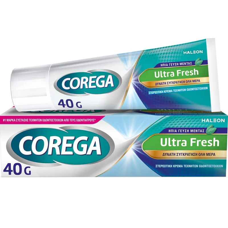Corega Ultra Fresh Στερεωτική Κρέμα Οδοντοστοιχιών Προσφέρει Δυνατή Συγκράτηση με Δροσερή Γεύση Μέντας 40g