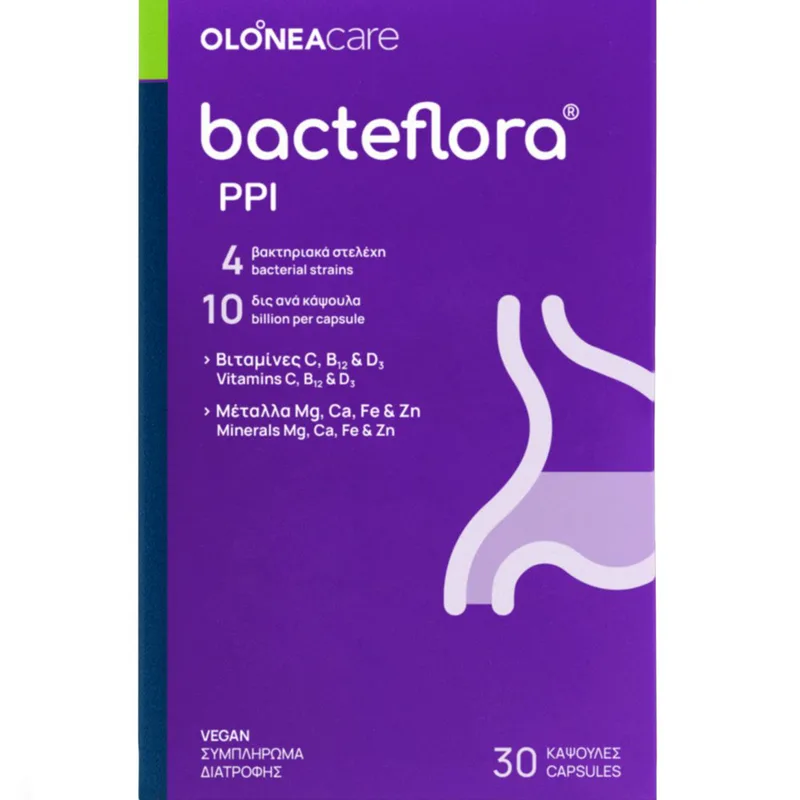 Olonea Bacteflora PPI Probiotics Συμπλήρωμα Διατροφής με Προβιοτικά, Βιταμίνες & Μέταλλα για Φαρμακευτική Αγωγή με PPI 30veg.caps