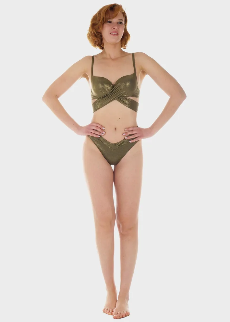 Γυναικείο σετ μαγιό bikini μπροστινό δέσιμο ενσωματωμένη ενίσχυση slip κανονική γραμμή.Καλύπτει C Cup ΧΑΚΙ