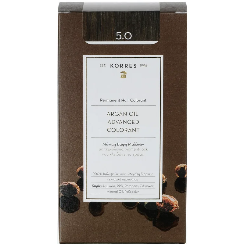 Korres Argan Oil Βαφή Μαλλιών Χωρίς Αμμωνία με Τεχνολογία Pigment-Lock που Κλειδώνει το Χρώμα 1 Τεμάχιο - 5.0 Καστανό Ανοιχτό Φυσικό