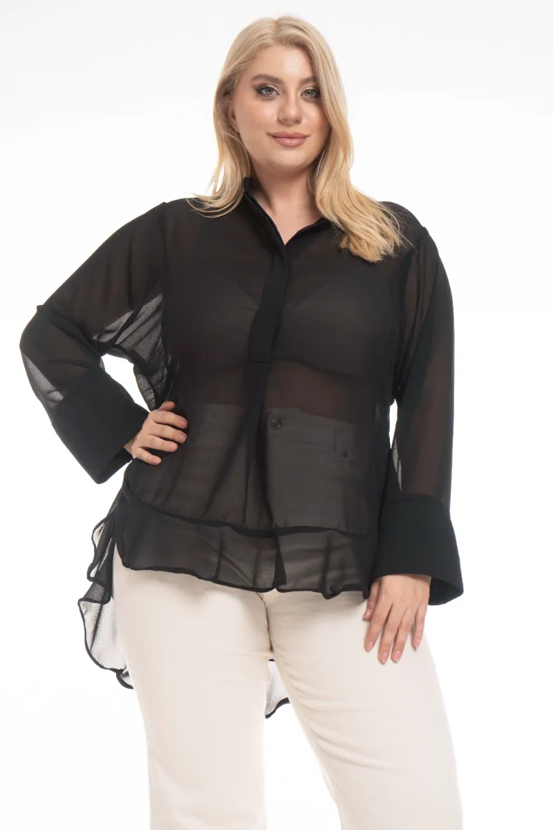 Τουνίκ plus size με βολάν τελείωμα και μαο γιακά σε μαύρο χρώμα