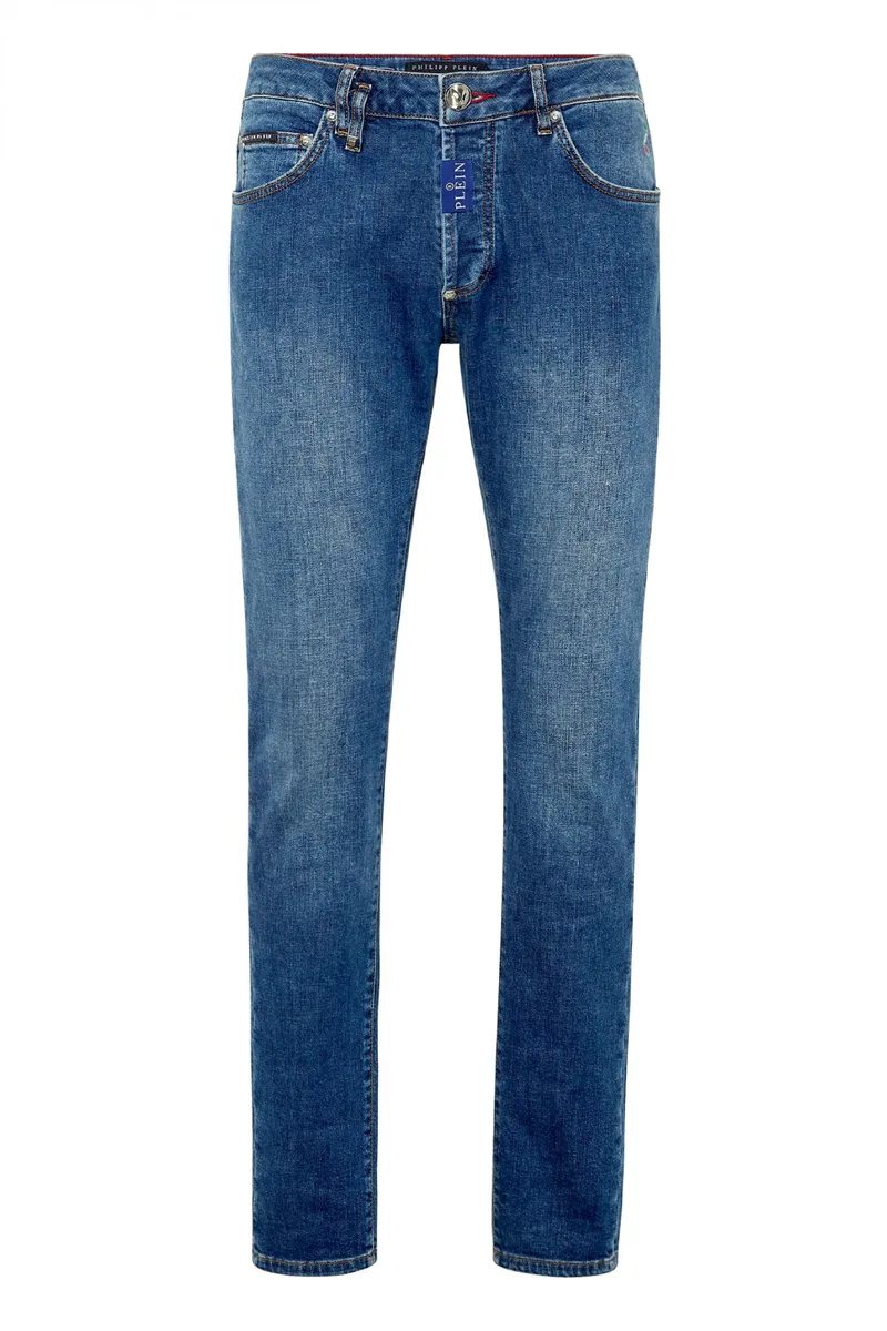 PHILIPP PLEIN ΠΑΝΤΕΛΟΝΙ JEANS SUPER STRAIGHT CUT FIT HEXAGON ΣΚΟΥΡΟ ΜΠΛΕ