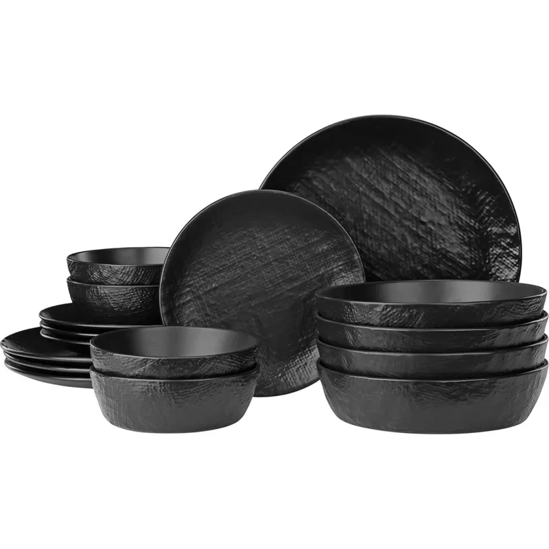 Σετ Πιάτα Φαγητού Navaris Linen Artisan Dinnerware Κεραμικό 16 Τεμαχίων / Σερβίτσιο για 4 Άτομα - Charcoal Black (‎NAV001WX8DR008C)