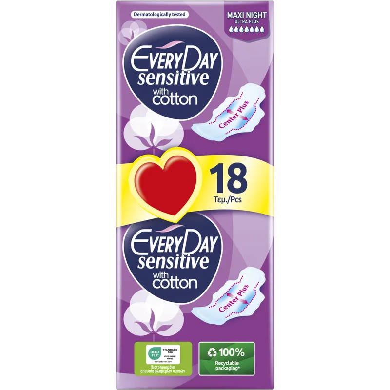 Σερβιέτες EveryDay Sensitive Cotton MAXI NIGHT Ultra Plus οικονομική συσκευασία 18 τεμ.