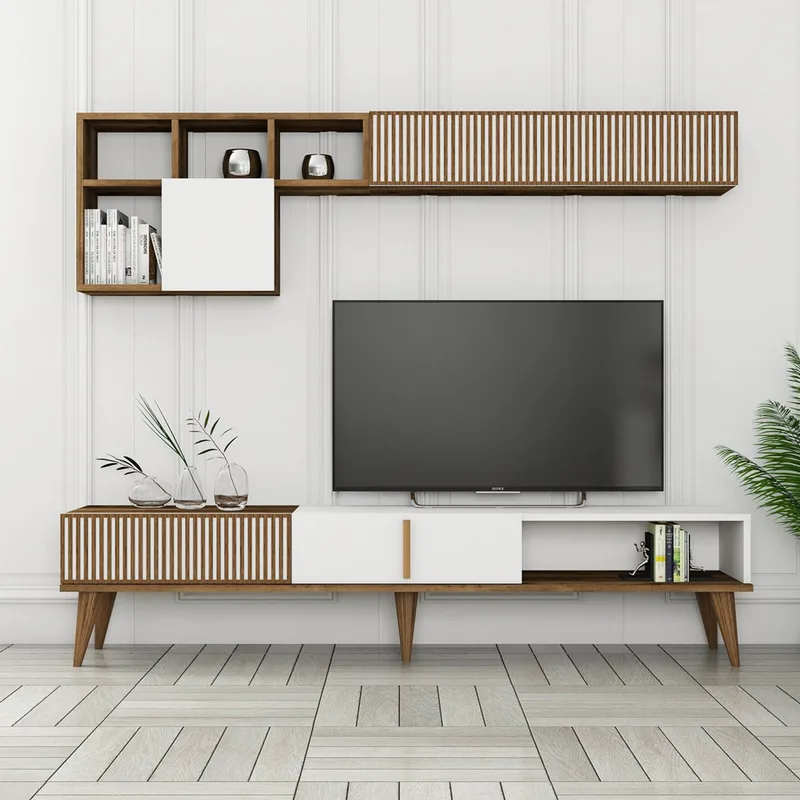 Σύνθεση Τηλεόρασης Milan Tv - Walnut, White 845Hct3109 (180x40x35 cm)