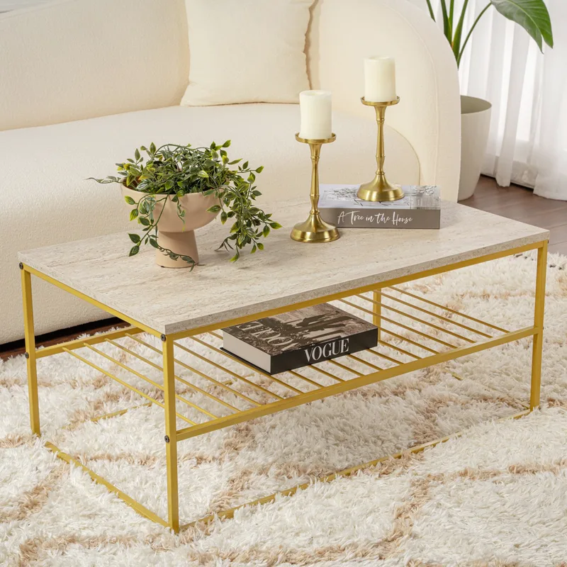 Τραπέζι Σαλονιού Asude - Χρυσό, Travertine 854Kln4751 (95x42x55)