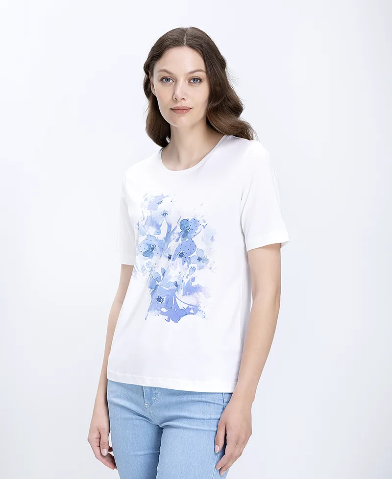 Γυναικείο T-Shirt Βαμβακερό Με Floral Σχέδιο Και Strass Λεπτομέρειες