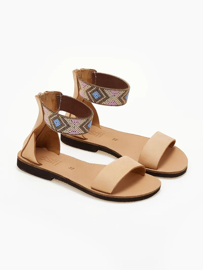 Estil Leather Sandals with Beaded Strap - 103 - Natural