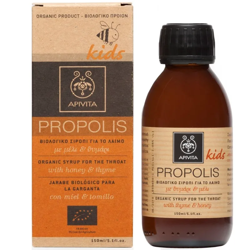 Apivita Propolis Kids Organic Syrup For Throat With Honey & Thyme Παιδικό Βιολογικό Σιρόπι για το Λαιμό με Μέλι & Θυμάρι 150ml