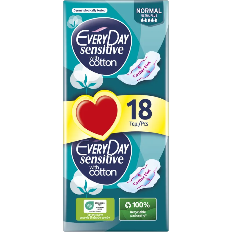 Σερβιέτες EveryDay Sensitive Cotton NORMAL Ultra Plus οικονομική συσκευασία 18 τεμ.