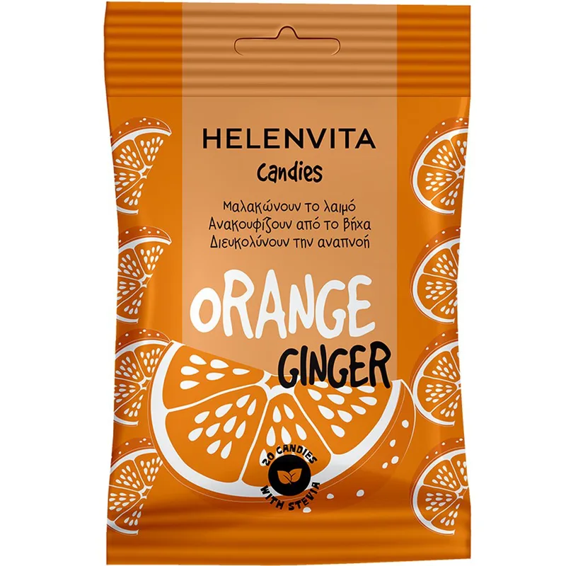 Helenvita Πορτοκαλί & Ginger Sore Throat & Cough Candies Συμπλήρωμα Διατροφής με Βιταμίνες για Ενίσχυση του Ανοσοποιητικού που Καταπραΰνουν Άμεσα τον Ερεθισμένο Λαιμό & Ανακουφίζουν από το Βήχα με Γεύση Πορτοκάλι Τζίντζερ 20 Τεμάχια