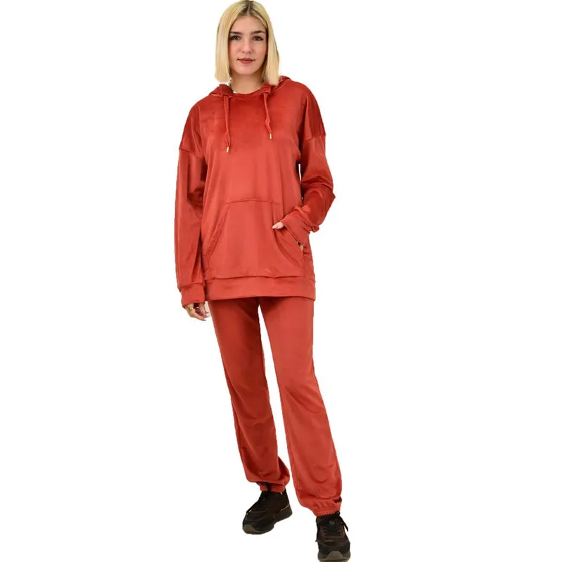 Γυναικείο σετ φόρμας velvet over size Κανελί 18272