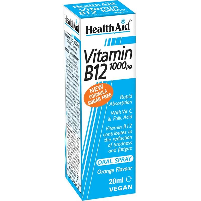 Health Aid Vitamin B12 1000μg Spray Συμπλήρωμα Διατροφής Βιταμίνης B12 για τη Φυσιολογική Λειτουργία του Νευρικού Συστήματος & Σωστή Αιμοποίηση με Γεύση Πορτοκάλι σε Μορφή Spray 20ml