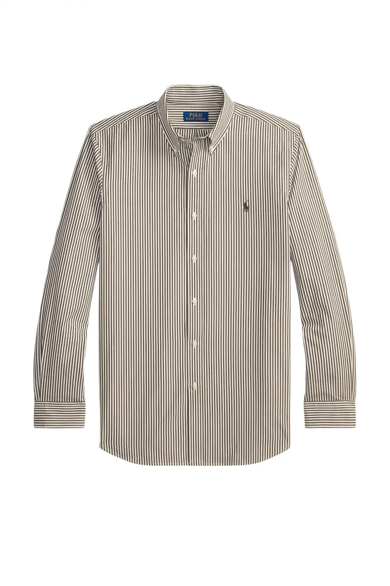 RALPH LAUREN ΠΟΥΚΑΜΙΣΟ BUTTON DOWN ΡΙΓΕ CUSTOM FIT STRETCH ΚΑΦΕ-ΛΕΥΚΟ