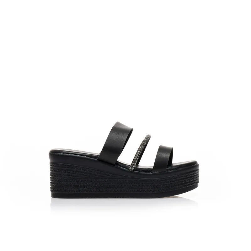 Flatforms TSOUKALAS μαύρα δερματίνη με λουράκι από στρας ΜΑΥΡΟ