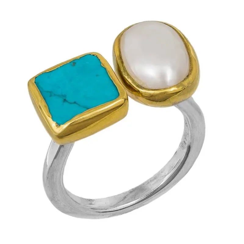 Δίχρωμο ασημένιο δαχτυλίδι 925 Pearl and Tyrquoise 041996 041996 Ασήμι