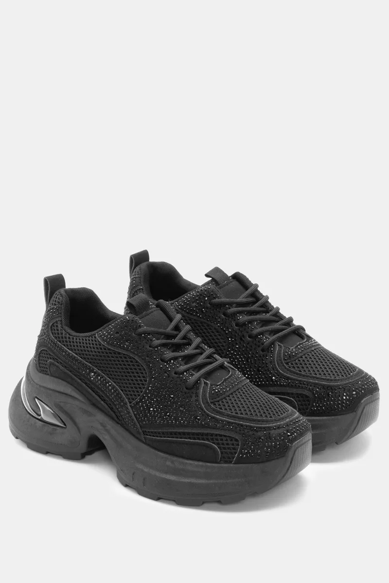Sneakers Chunky με Strass - Μαύρο