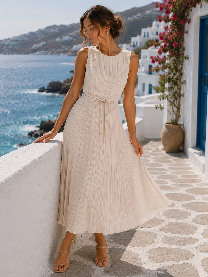 Πλισέ Midi Φόρεμα με Ζώνη – Εκρού | Dress Up Εκρού