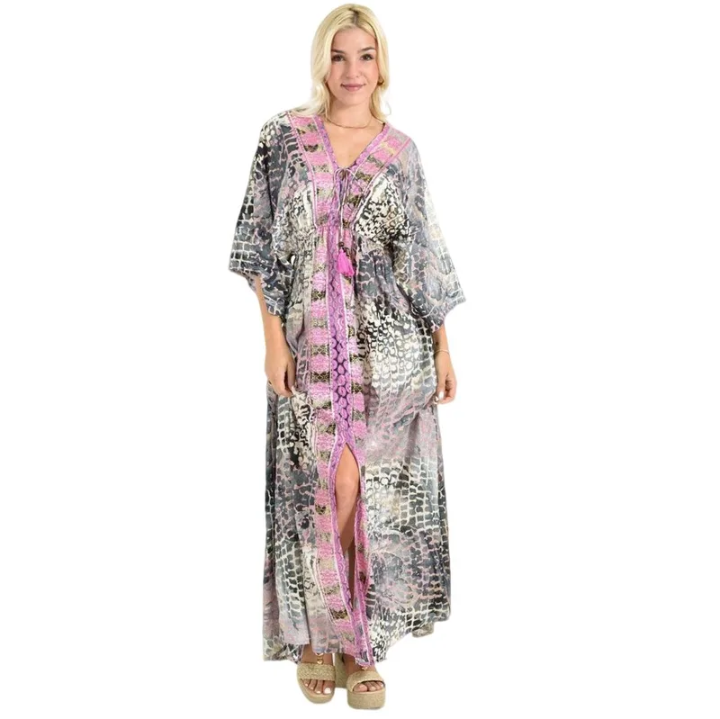 Καφτάνι Μάξι με Animal Print & Φαρδιά Μανίκια Φούξια 26706