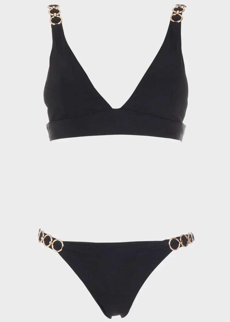 Bikini μονόχρωμο τριγωνάκι διακοσμητικοί κρίκοι.Καλύπτει B Cup ΜΑΥΡΟ