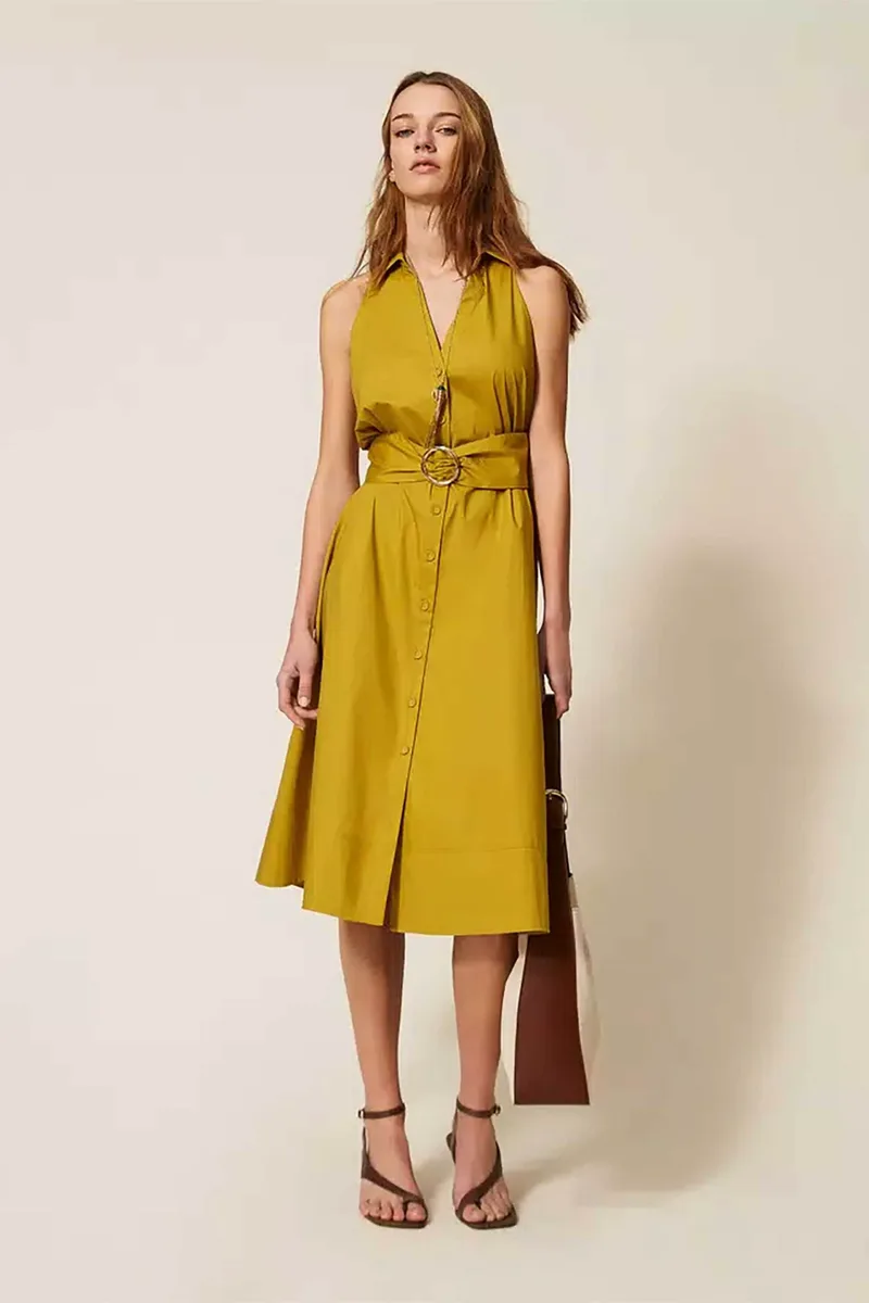 Twinset γυναικείο midi αμάνικο φόρεμα σεμιζιέ - 261TT2223 Λαδί