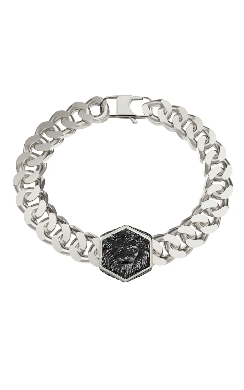 GUESS STEEL LION KING JUMB06001JWSTL Βραχιόλι Ασημένιο Με Μαύρο Λιοντάρι