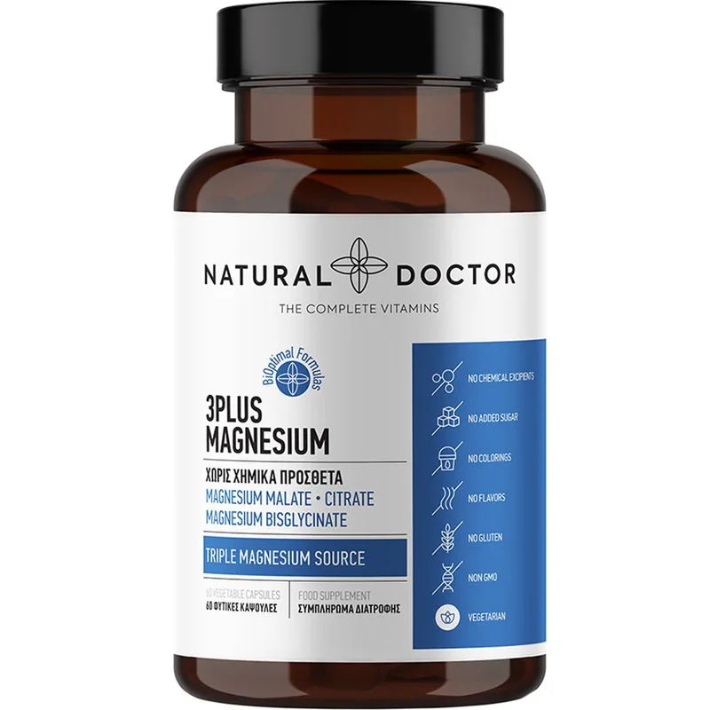 Natural Doctor 3Plus Magnesium Συμπλήρωμα Διατροφής Μαγνησίου 3 Μορφών για την Καλή Λειτουργία του Νευρικού, Μυϊκού Συστήματος & Αντιμετώπιση του Άγχους 60veg.caps