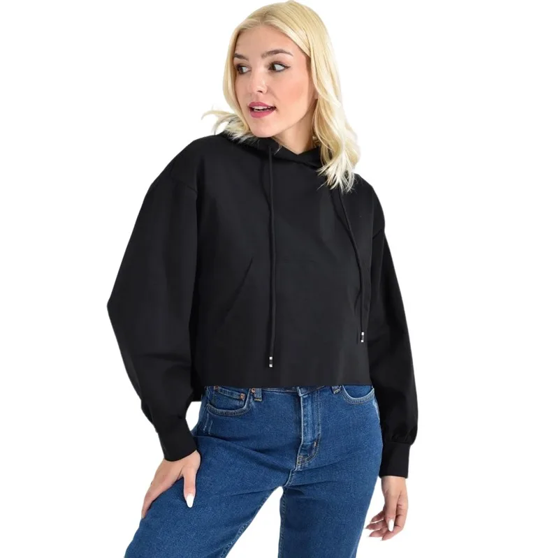 Γυναικείο Cropped Hoodie με Μαύρα Κορδόνια Και Τσέπες Μαύρο 27086