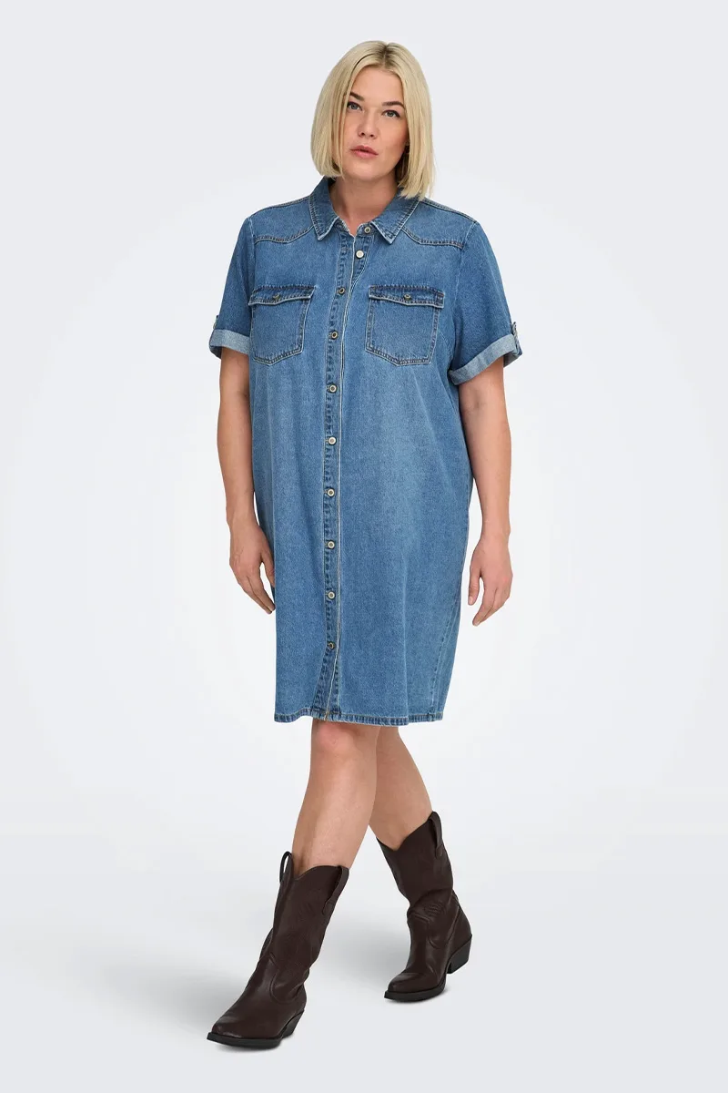 Midi jean φόρεμα με ρεβέρ στα μανίκια και τσέπες σε denim blue χρώμα plus size