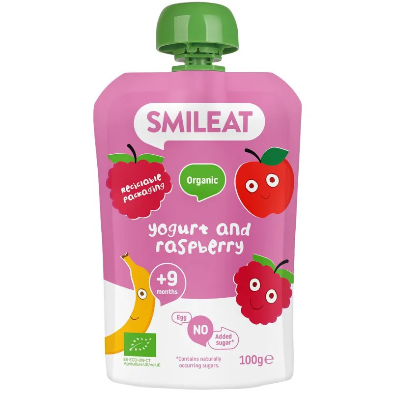 Smileat Organic Yoghurt and Raspberry Pouch 9m+, Βιολογικός Πουρές Γιαούρτι & Raspberry σε Pouch, Χωρίς Γλουτένη, Χωρίς Προσθήκη Ζάχαρης, από τον 9ο Μήνα 100gr