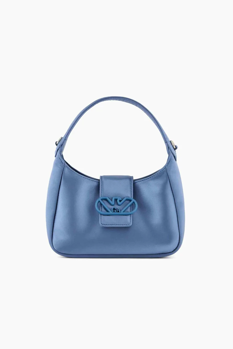Emporio Armani γυναικεία mini τσάντα χειρός μονόχρωμη με σατέν όψη και ανάγλυφο έμβλημα - Y3E235YWR2V Μπλε
