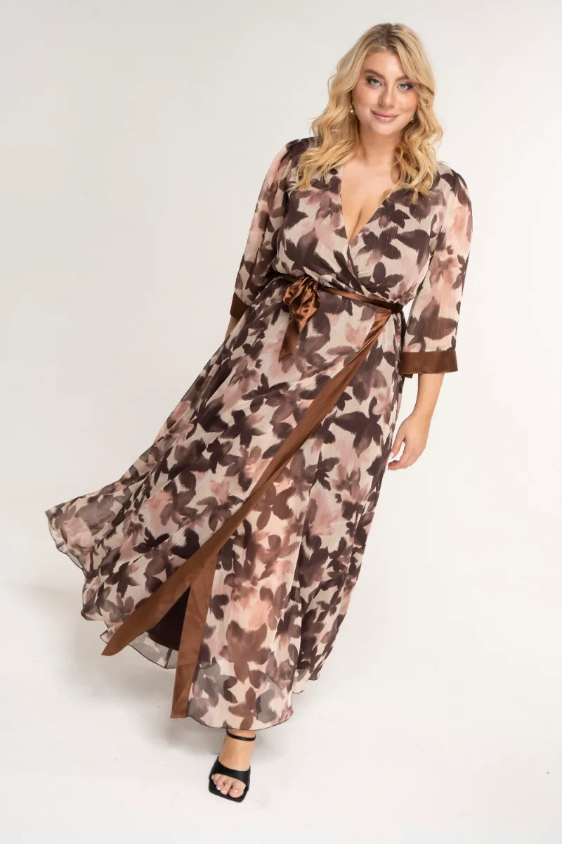 Maxi lurex κρουαζέ φόρεμα floral μπεζ/καφέ χρώμα plus size
