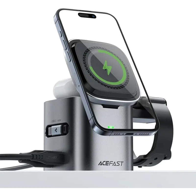 Ασύρματος Φορτιστής Acefast Z9 6in1 GaN MagSafe για iPhone 15W / EarBuds TWS 5W / Apple Watch 2.5W με Καλώδιο Type-C 60W & 1 x Type-C 65W / 1 x USB-A 18W - Metal Grey (6974316285809)