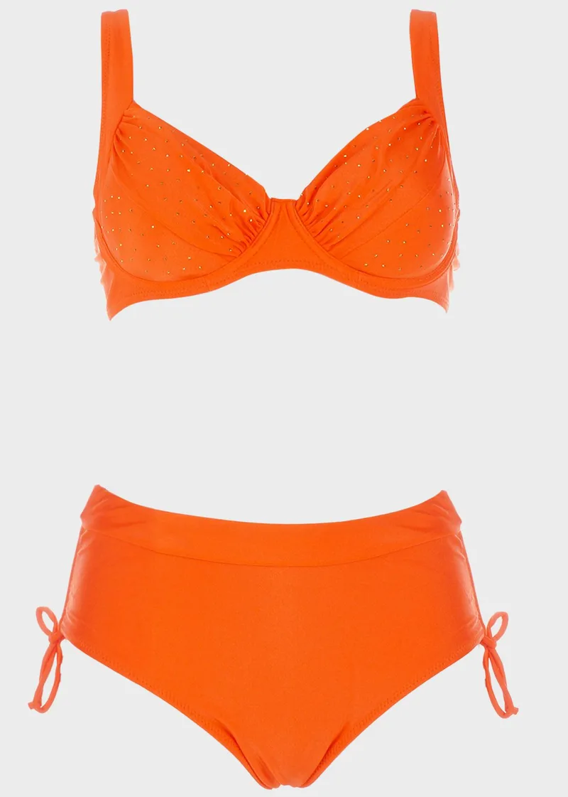 Bikini με στράς μονόχρωμο.Καλύπτει C-D Cup ΠΟΡΤΟΚΑΛΙ