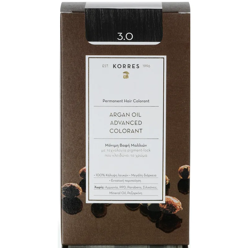 Korres Argan Oil Βαφή Μαλλιών Χωρίς Αμμωνία με Τεχνολογία Pigment-Lock που Κλειδώνει το Χρώμα 1 Τεμάχιο - 3.0 Καστανό Σκούρο Φυσικό