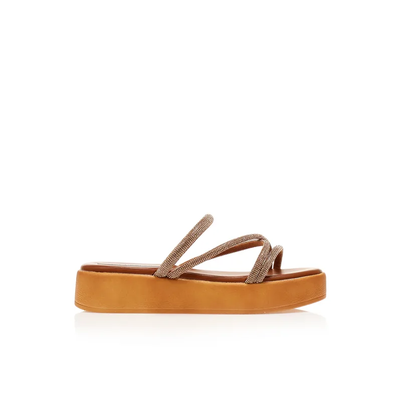 Flatforms TSOUKALAS κάμελ δερματίνη με λουράκια από στρας ΚΑΜΕΛ