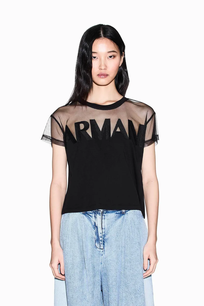 Armani Exchange γυναικείο T-shirt με λογότυπο και ημιδιαφάνεια Regular Fit - XW002332AF10356 Μαύρο