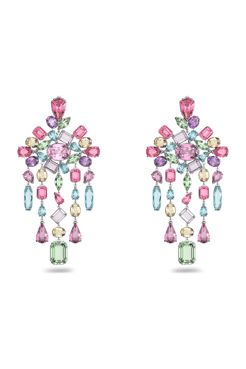 Swarovski γυναικεία σκουλαρίκια με κλιπ μείξη κοπών, κρεμαστά σκουλαρίκια, πολύχρωμα, επιμετάλλωση ροδίου "Gema" - 5601887