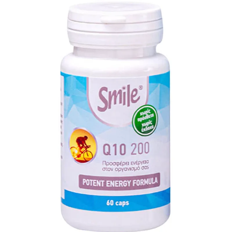 Smile Q10 200mg Συμπλήρωμα Διατροφής Συνένζυμου Q10 για την Ενίσχυση Παραγωγής Ενέργειας σε Κυτταρικό Επίπεδο με Αντιοξειδωτικές Ιδιότητες 60caps