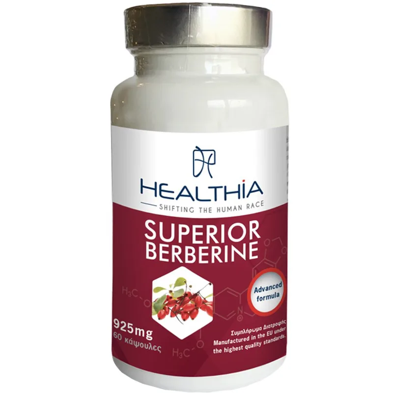 Healthia Superior Berberine 925mg Συμπλήρωμα Διατροφής Εκχυλίσματος του Φυτού Berberis Aristata Υψηλής Περιεκτικότητας σε Βερβερίνη & Βιταμινών, Μετάλλων για τον Έλεγχο του Σακχάρου στο Αίμα, Καλή Υγεία της Καρδιάς & Έλεγχο Βάρους 60caps