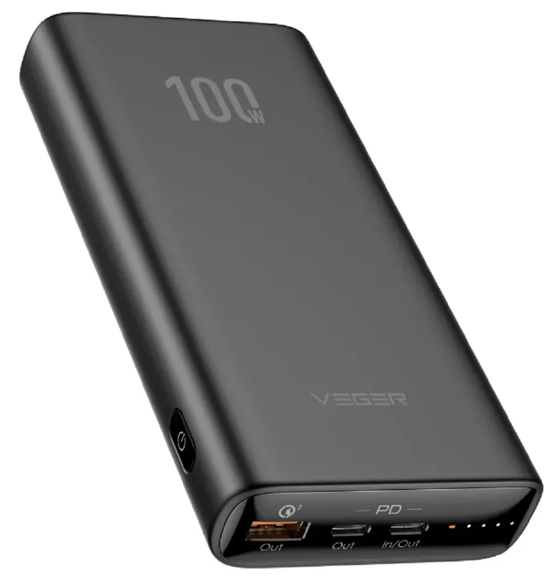 Veger PowerBank T100 - Φορητή Μπαταρία Φόρτισης για Laptop / Φορητό Υπολογιστή με 1 x USB-Α / 2 x Type-C - 20000mAh - 100W - Black (6970453555461)