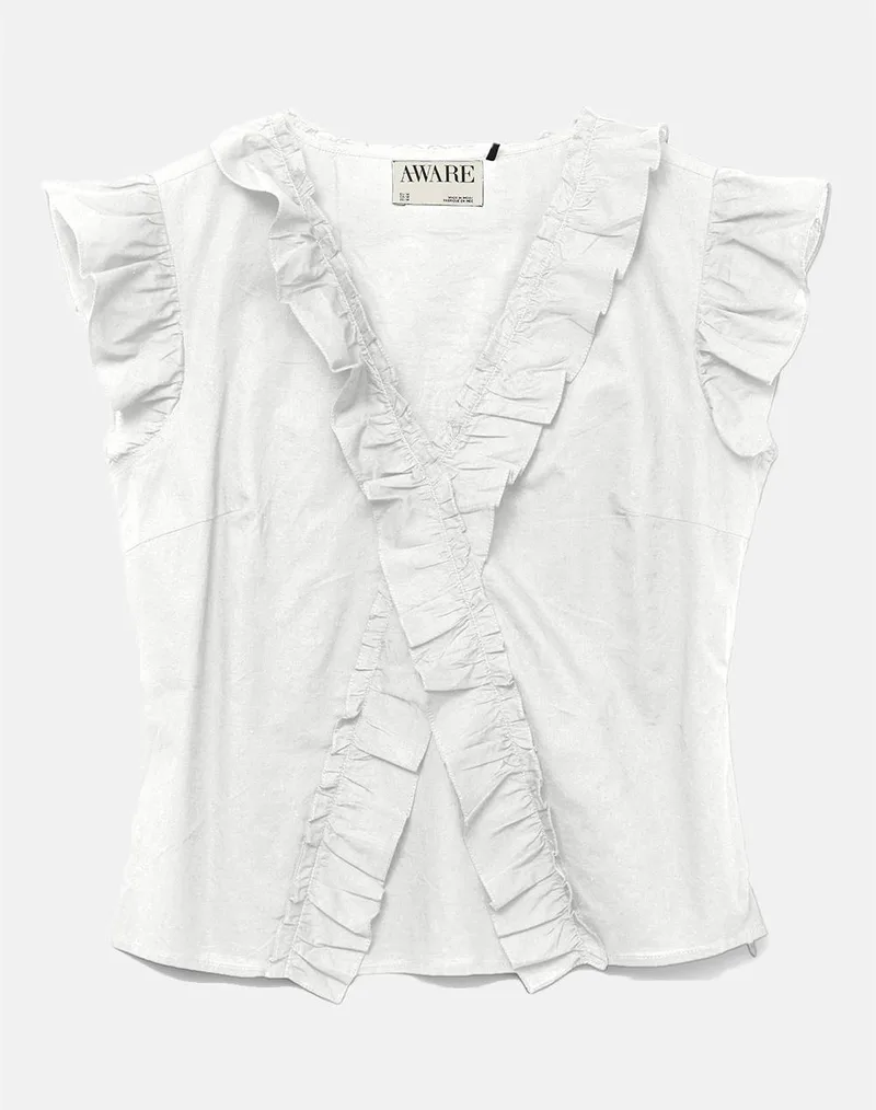AWARE BY VERO MODA VMROXANNE SL V-NECK RUFFLE TOP VMA 10329134-Snow White OffWhite